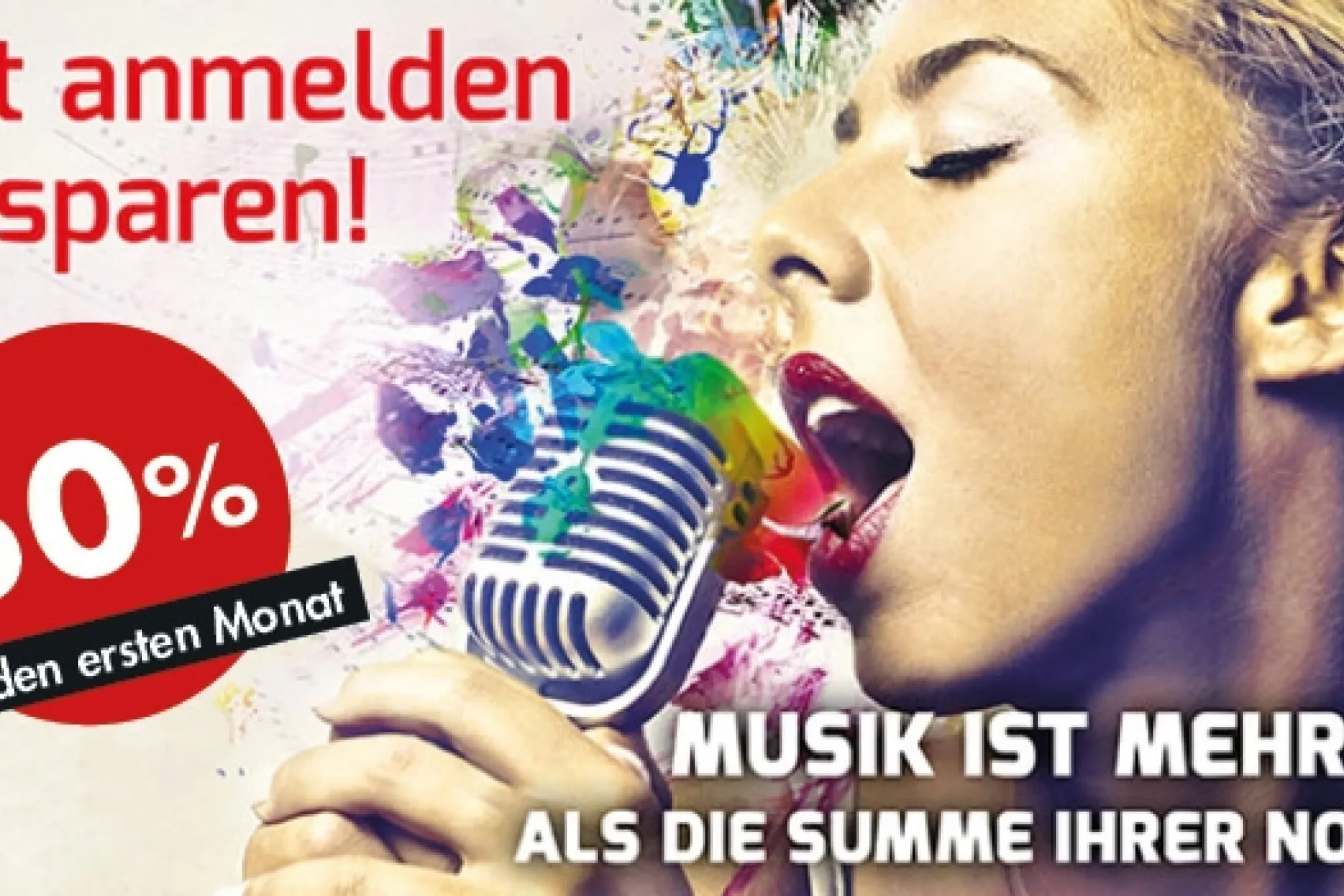 Werbebanner mit Sängerin und Hinweis auf 50 Prozent Rabatt