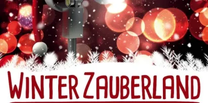 Weihnachtliche Veranstaltungsankündigung „Winterzauberland“ mit Mikrofon
